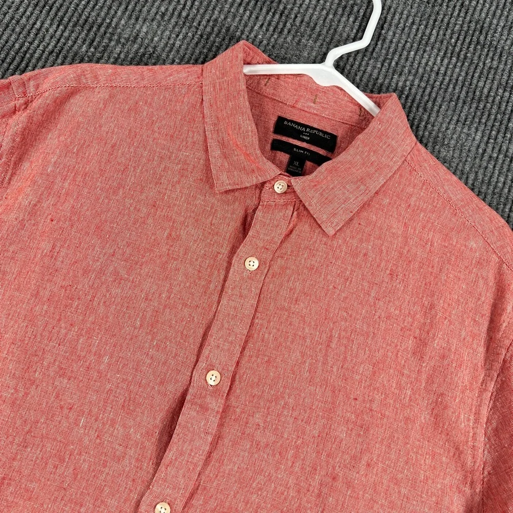 Banana Republic Shirt Mens XL Extra Large Red Short Sleeve Linen Blend Slim Fit